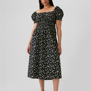 GAP 100% Cotton Floral Puff Sleeve Smocked Midi Dress Plus Size XXL black beige